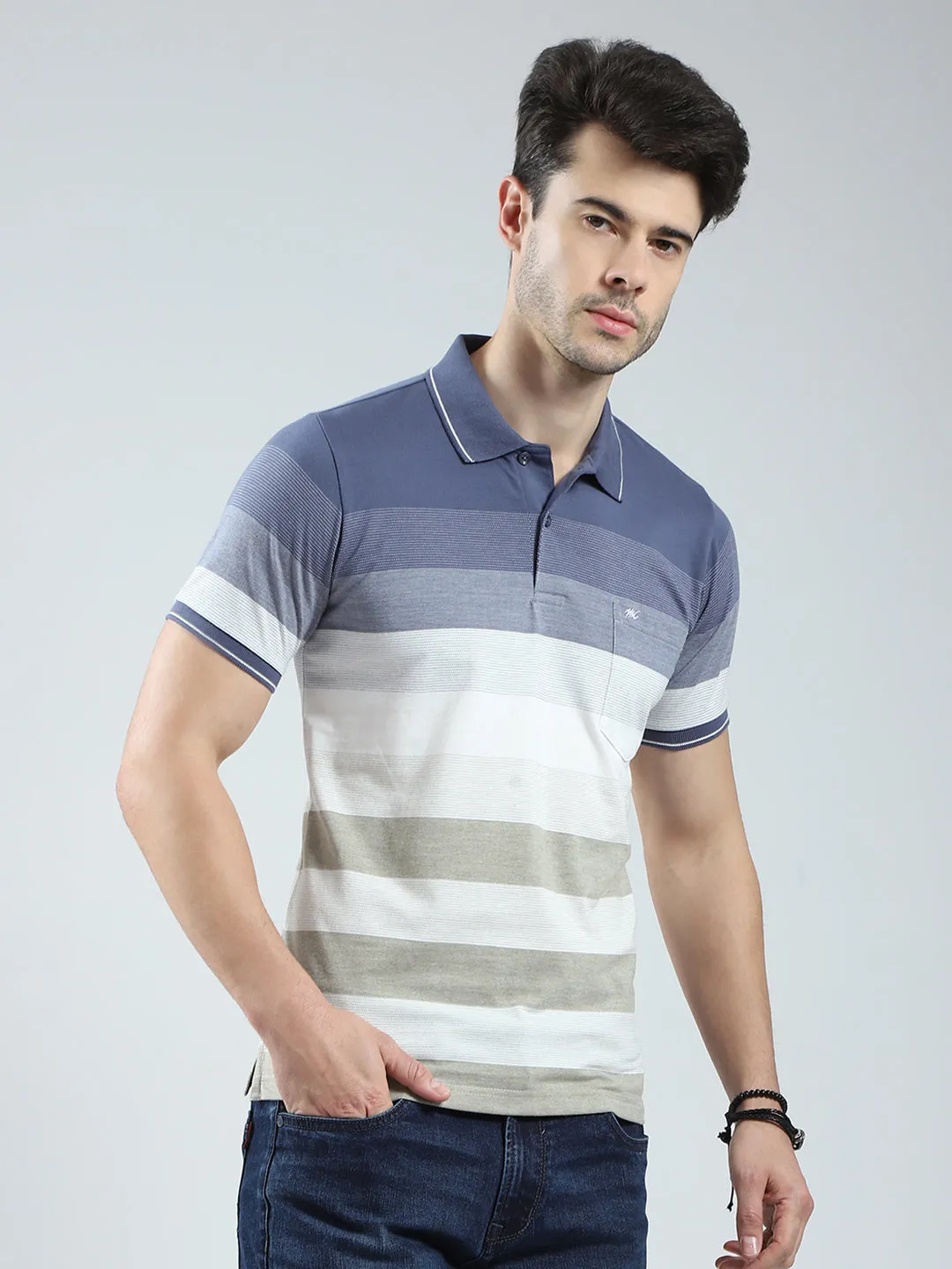 Men Blue Stripe Collar Half Sleeve T-Shirt sold by Monte Carlo product image thumbnail 4