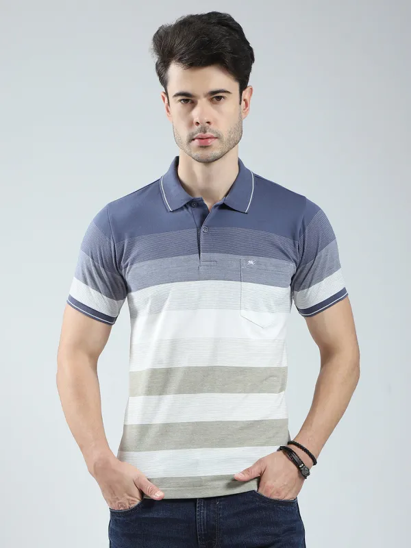 Men Blue Stripe Collar Half Sleeve T-Shirt made by Monte Carlo