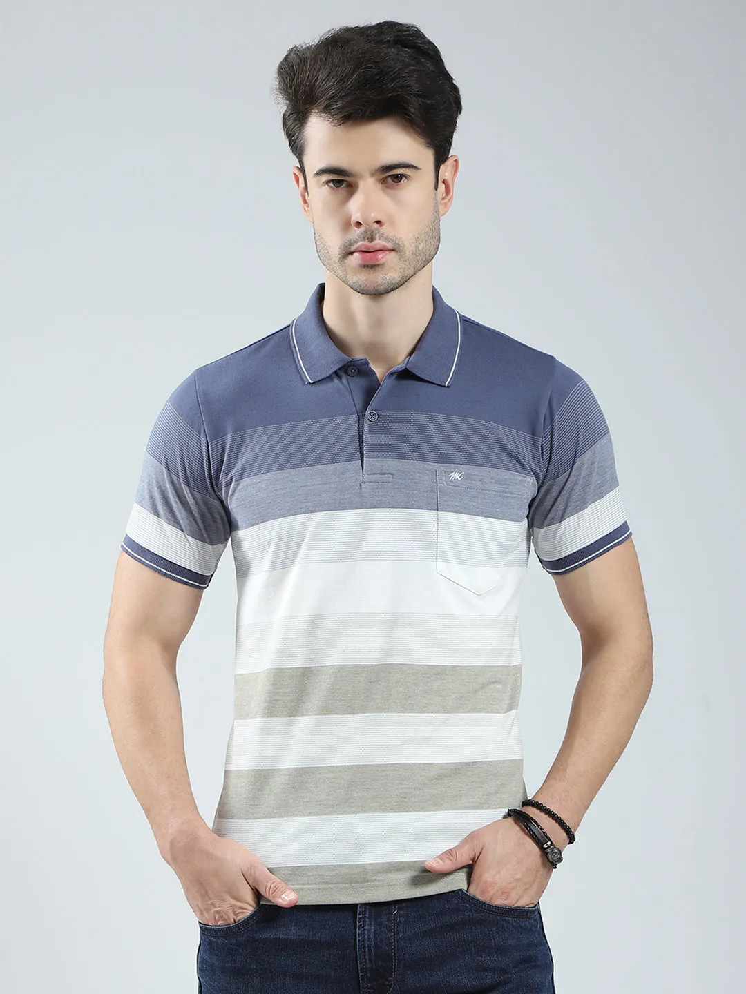 Men Blue Stripe Collar Half Sleeve T-Shirt sold by Monte Carlo
