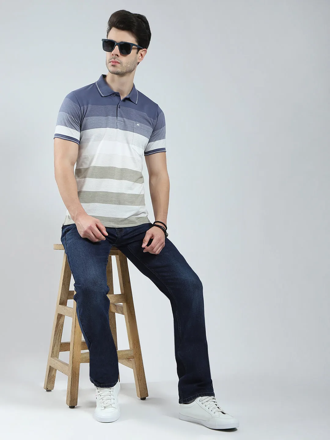 Men Blue Stripe Collar Half Sleeve T-Shirt sold by Monte Carlo product image thumbnail 2