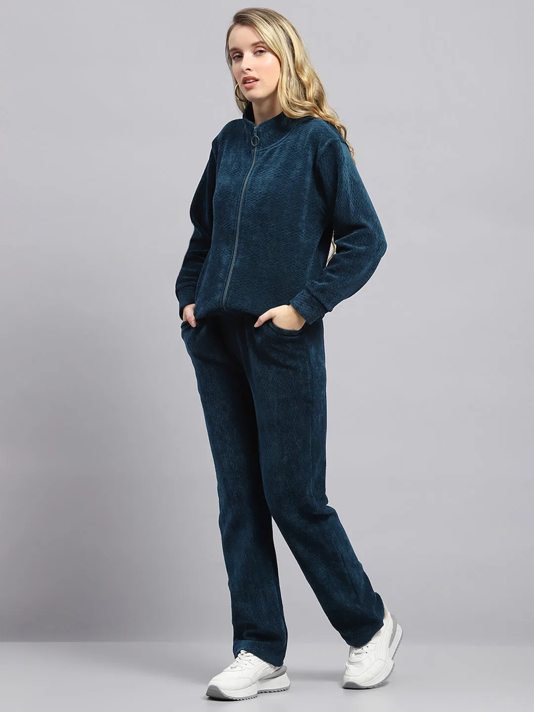 Women Teal Blue Self Design Mock Neck Full Sleeve Tracksuit sold by Monte Carlo product image thumbnail 3