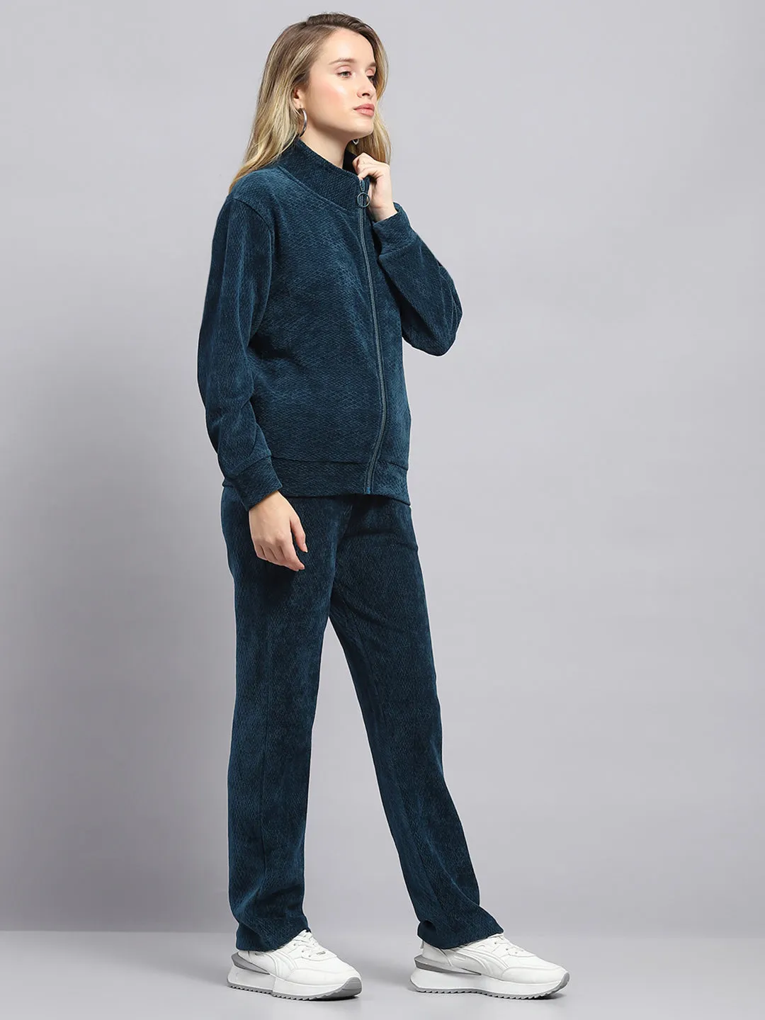 Women Teal Blue Self Design Mock Neck Full Sleeve Tracksuit sold by Monte Carlo product image thumbnail 4