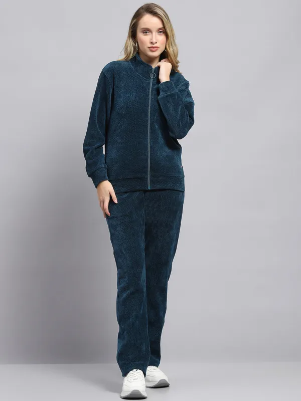 Women Teal Blue Self Design Mock Neck Full Sleeve Tracksuit sold by Monte Carlo
