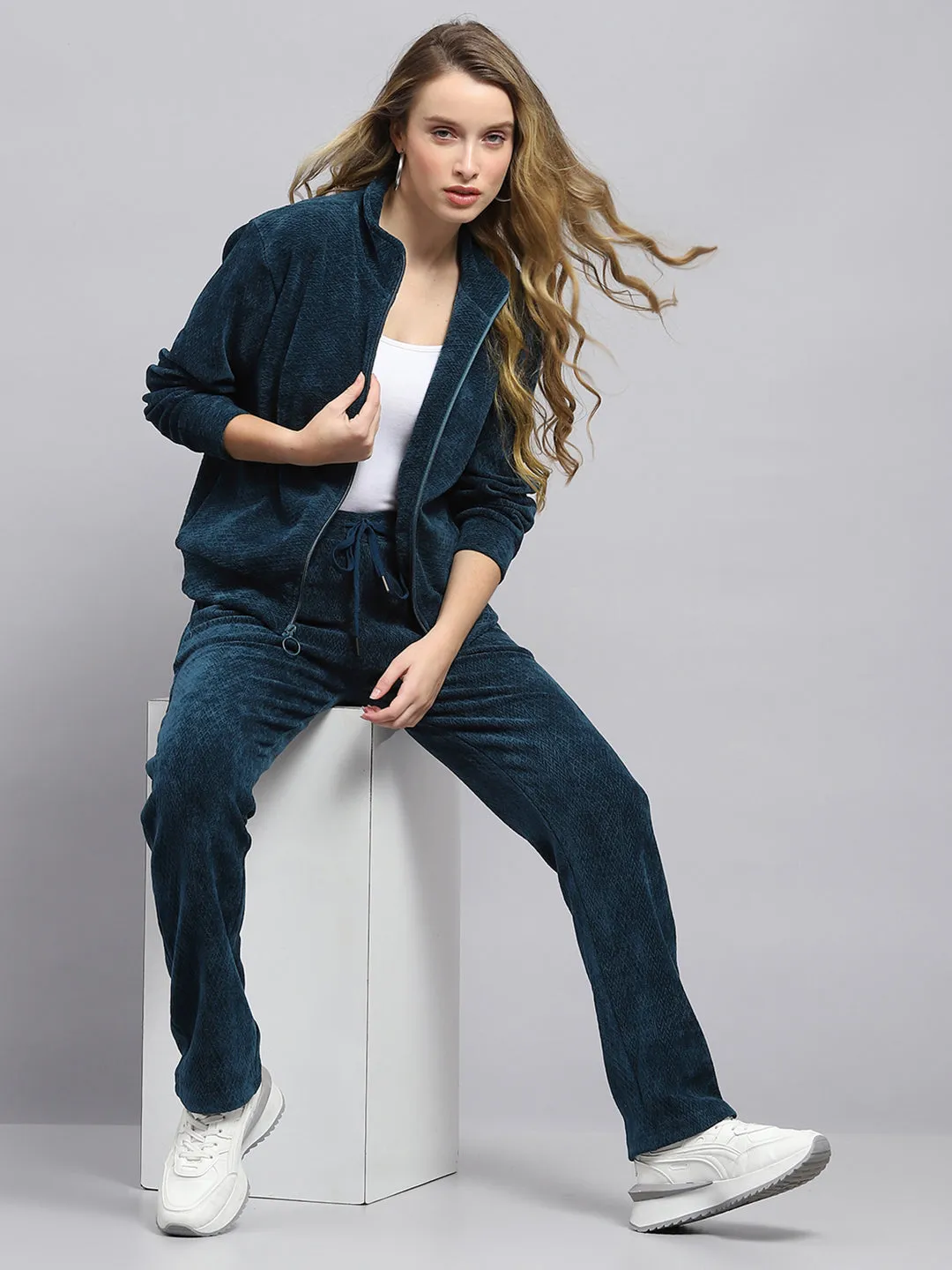 Women Teal Blue Self Design Mock Neck Full Sleeve Tracksuit sold by Monte Carlo product image thumbnail 2