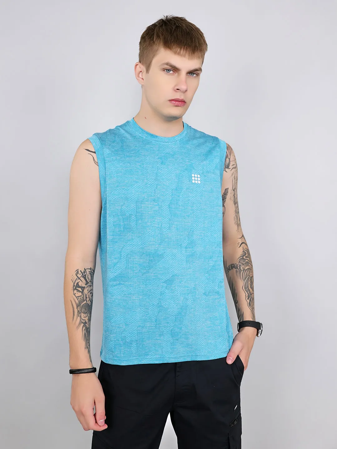 Rock.it Men Blue Jacquard Round Neck Sleeveless T-Shirt sold by Monte Carlo