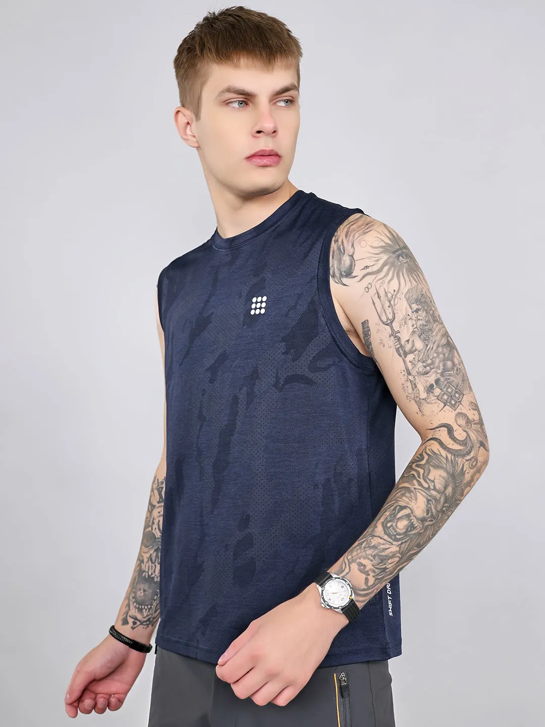 Rock.it Men Navy Blue Jacquard Round Neck Sleeveless T-Shirt sold by Monte Carlo product image thumbnail 2