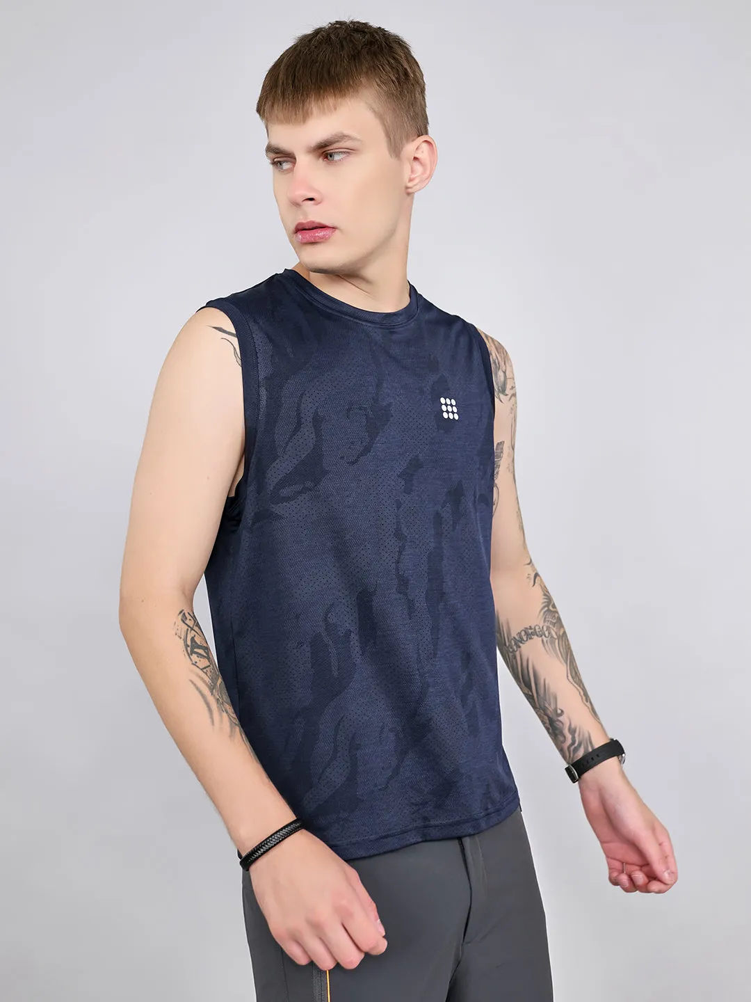 Rock.it Men Navy Blue Jacquard Round Neck Sleeveless T-Shirt sold by Monte Carlo product image thumbnail 3