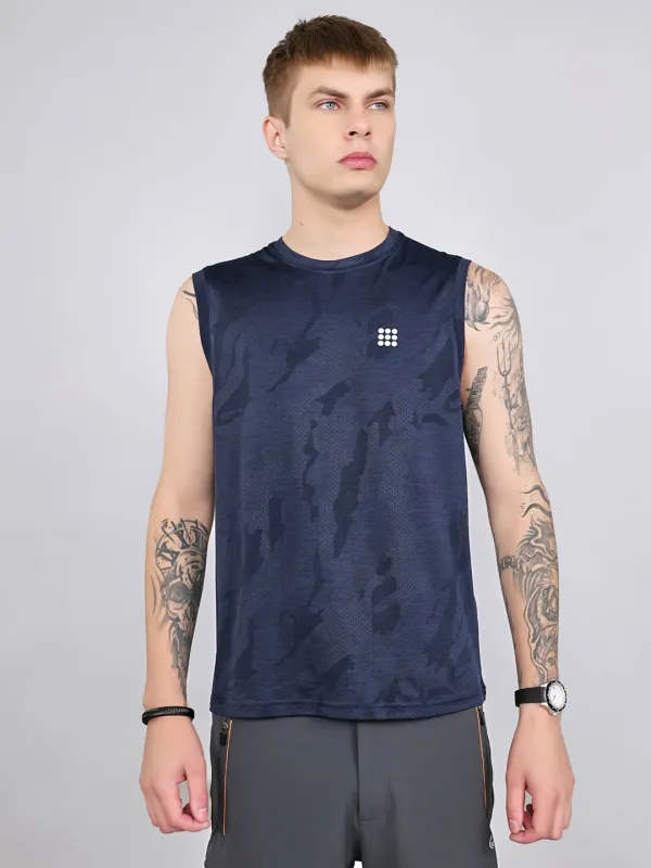 Rock.it Men Navy Blue Jacquard Round Neck Sleeveless T-Shirt made by Monte Carlo