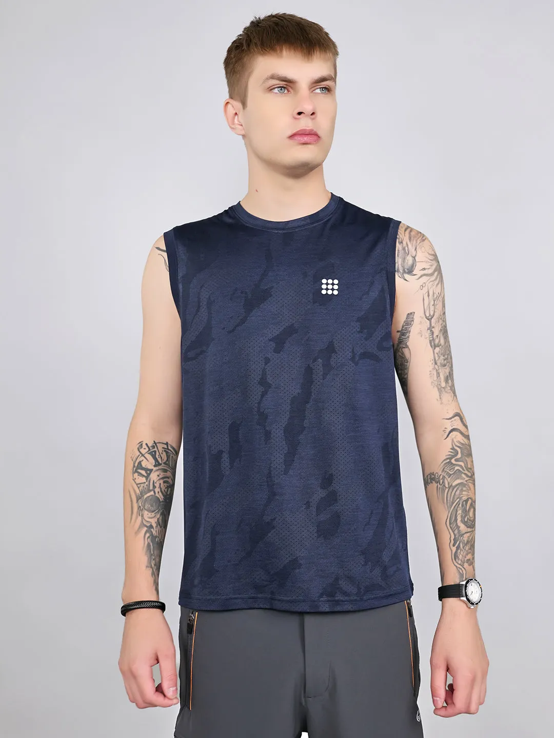 Rock.it Men Navy Blue Jacquard Round Neck Sleeveless T-Shirt sold by Monte Carlo