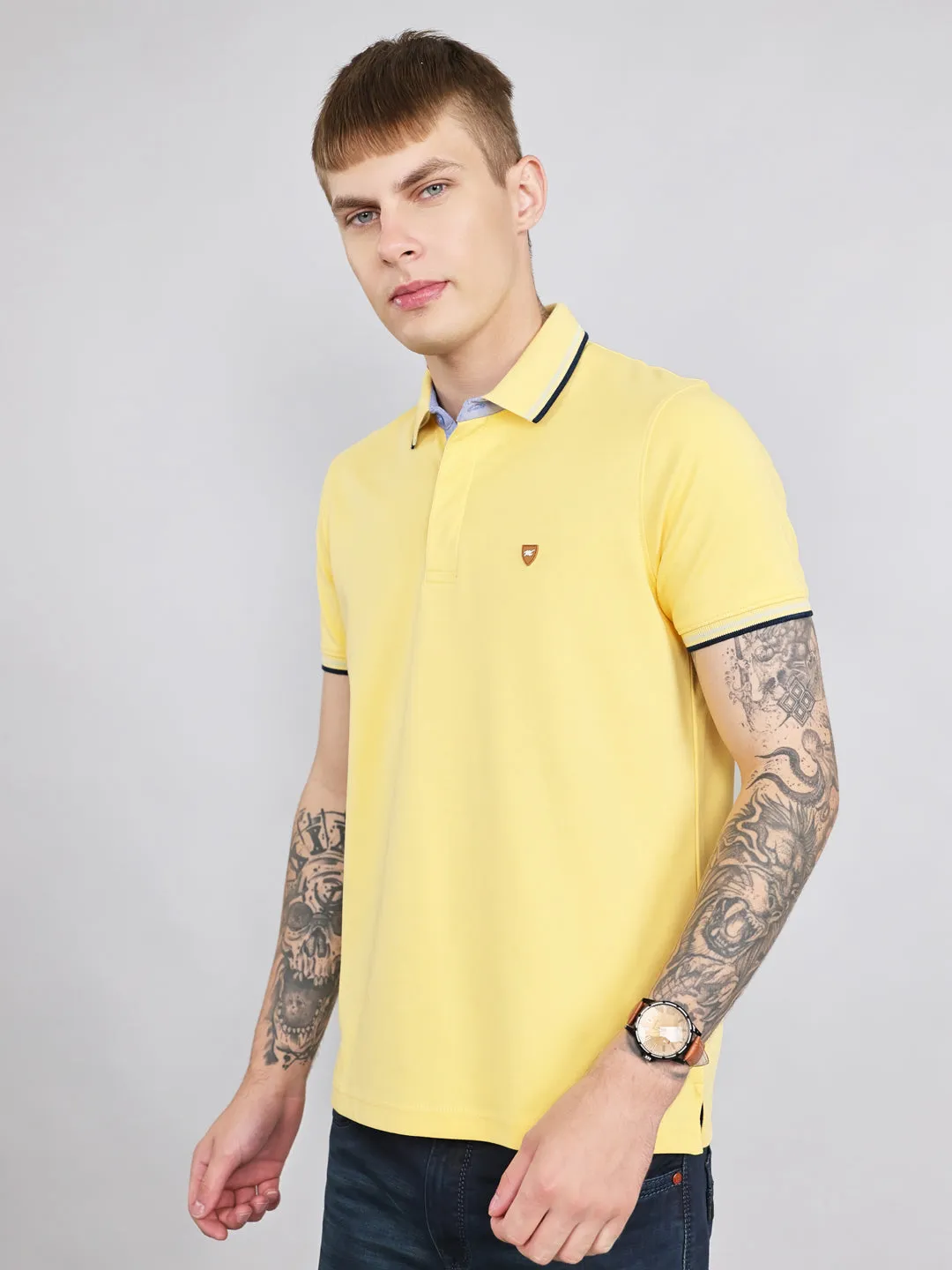 Men Yellow Solid Collar Half Sleeve T-Shirt sold by Monte Carlo product image thumbnail 3