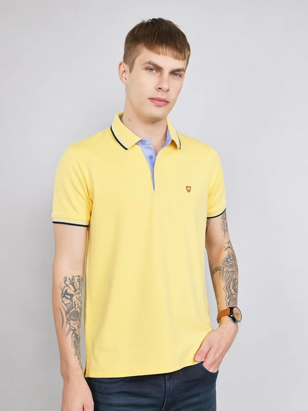 Men Yellow Solid Collar Half Sleeve T-Shirt sold by Monte Carlo