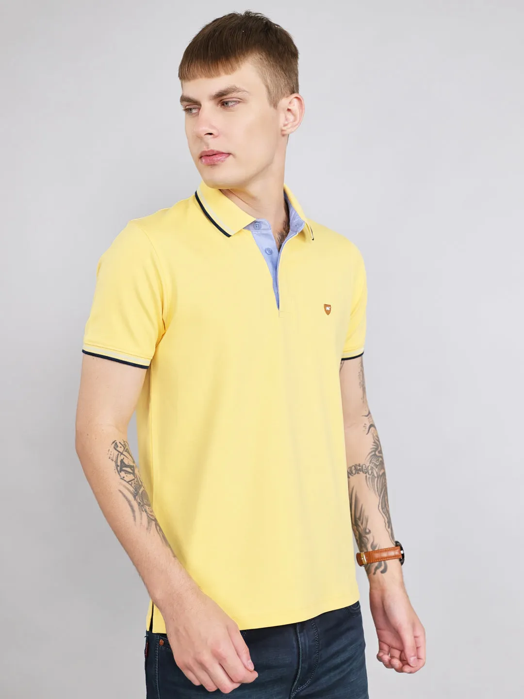 Men Yellow Solid Collar Half Sleeve T-Shirt sold by Monte Carlo product image thumbnail 2