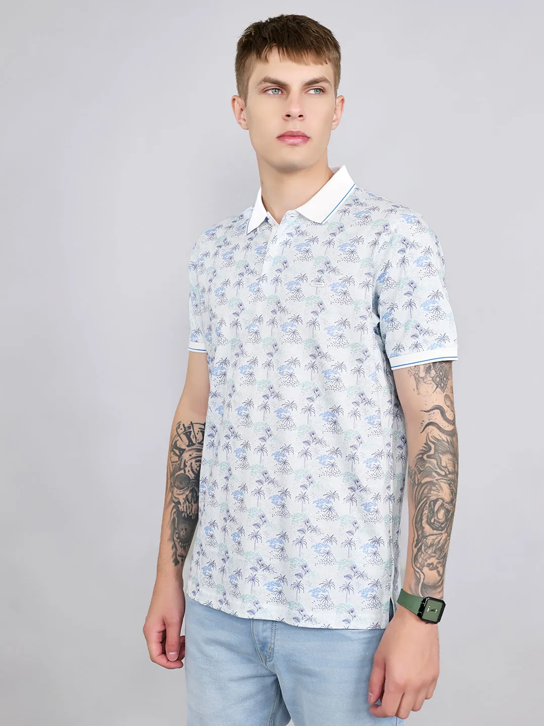 Men White Printed Collar Half Sleeve T-Shirt sold by Monte Carlo product image thumbnail 4
