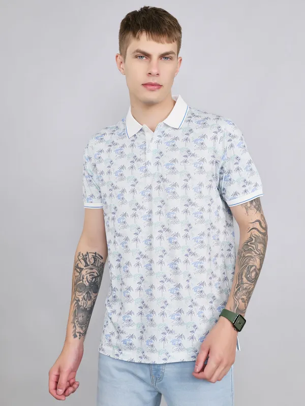 Men White Printed Collar Half Sleeve T-Shirt made by Monte Carlo