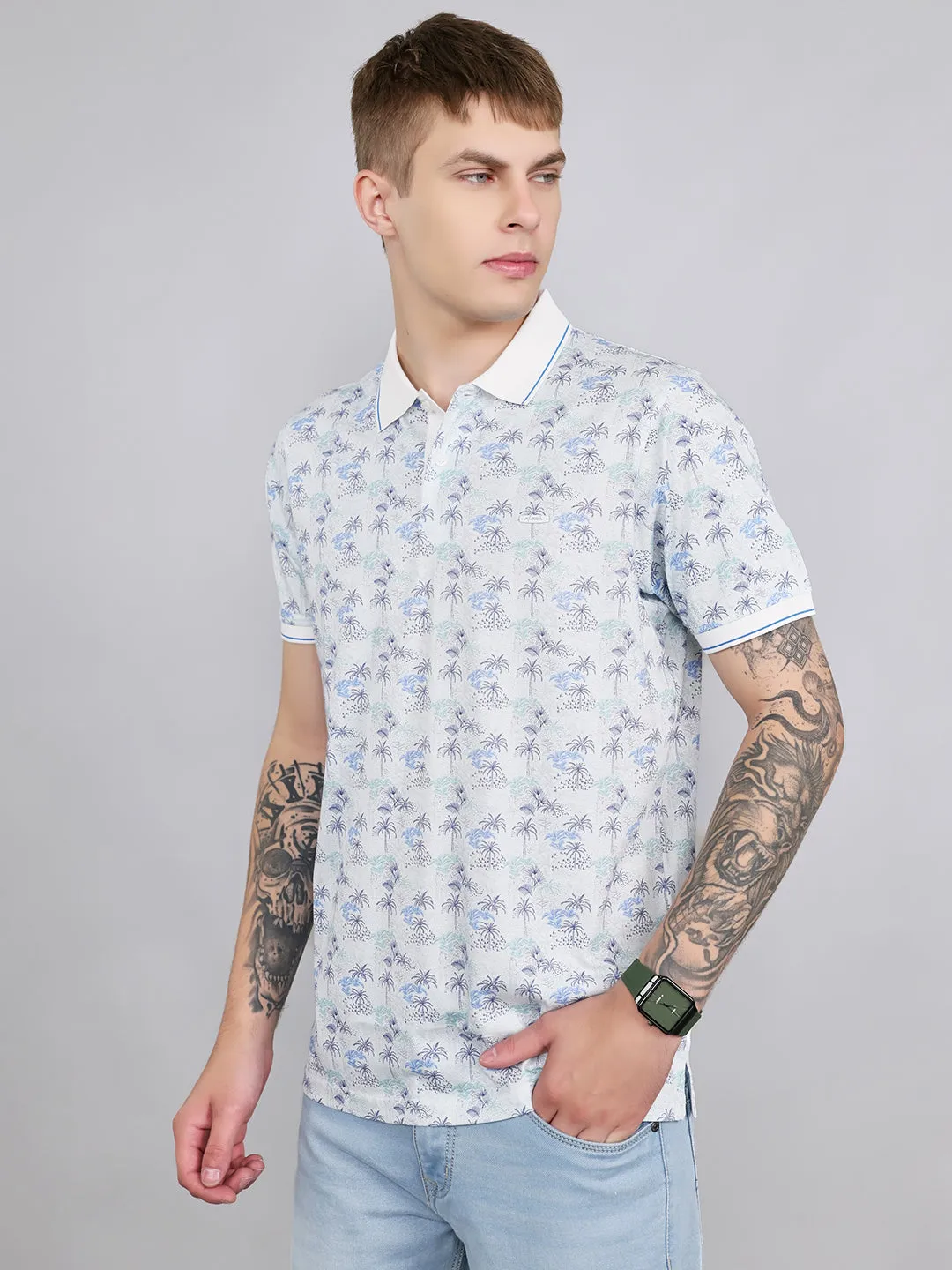 Men White Printed Collar Half Sleeve T-Shirt sold by Monte Carlo product image thumbnail 2