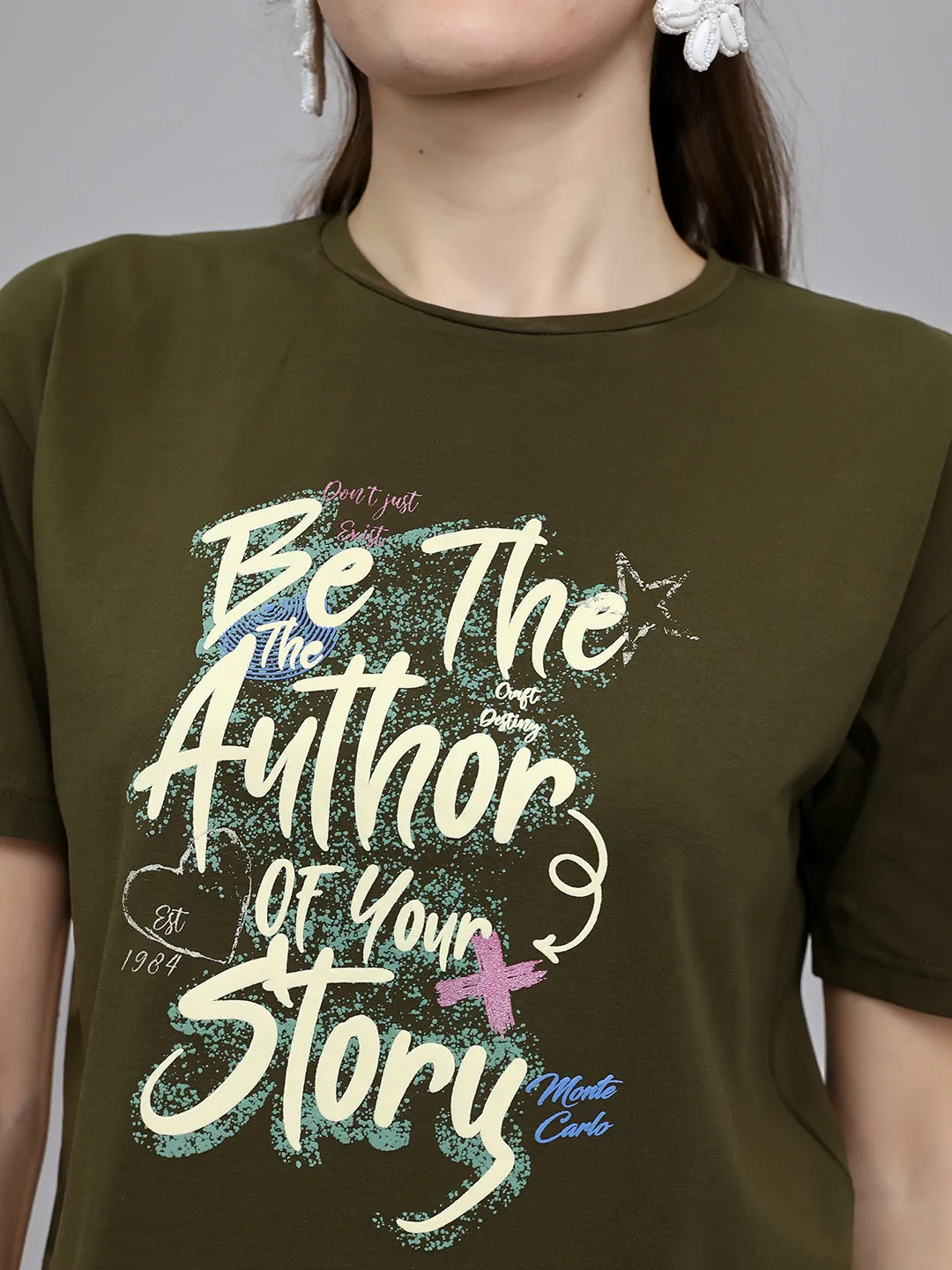 Women Olive Printed Round Neck Half Sleeve Top sold by Monte Carlo product image thumbnail 5