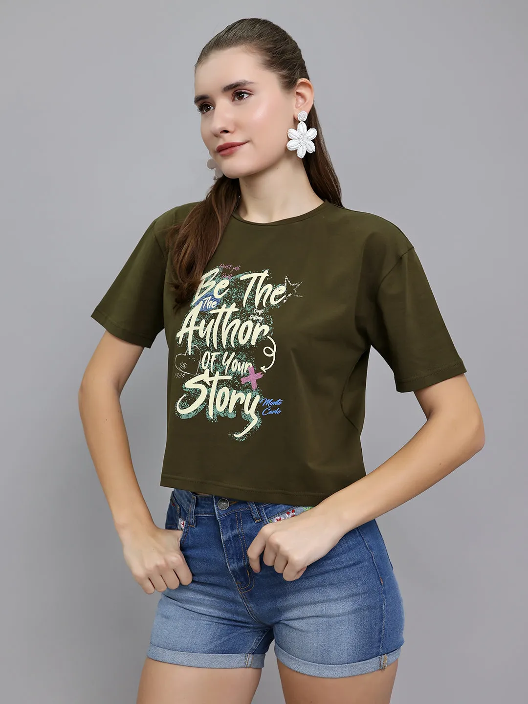 Women Olive Printed Round Neck Half Sleeve Top sold by Monte Carlo product image thumbnail 2