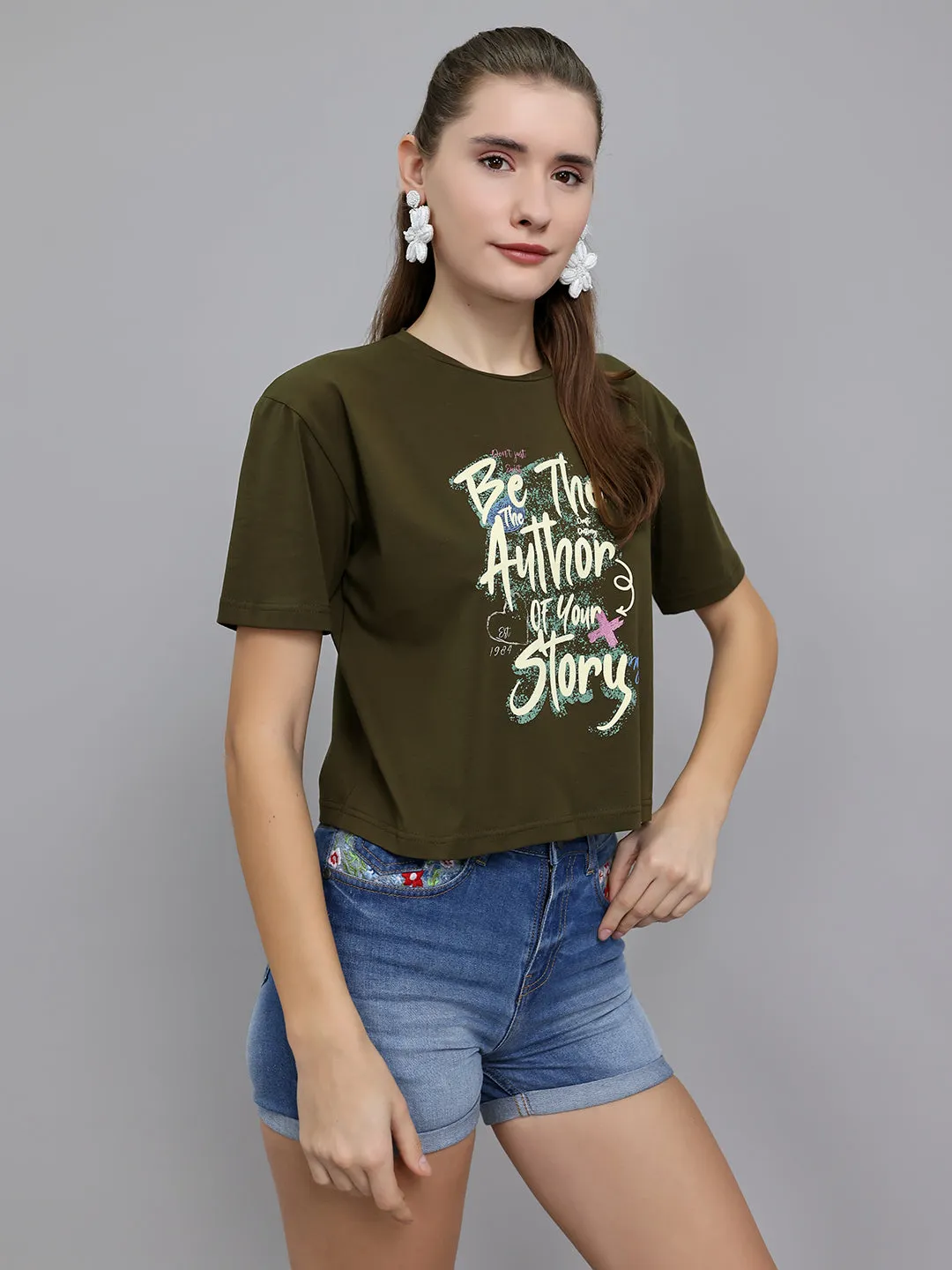Women Olive Printed Round Neck Half Sleeve Top sold by Monte Carlo product image thumbnail 3
