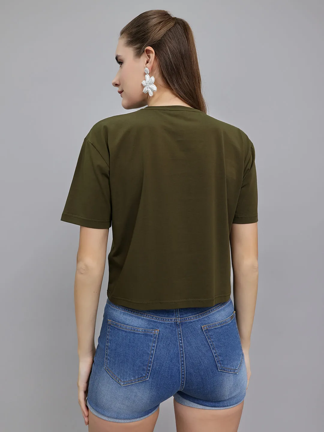 Women Olive Printed Round Neck Half Sleeve Top sold by Monte Carlo product image thumbnail 4