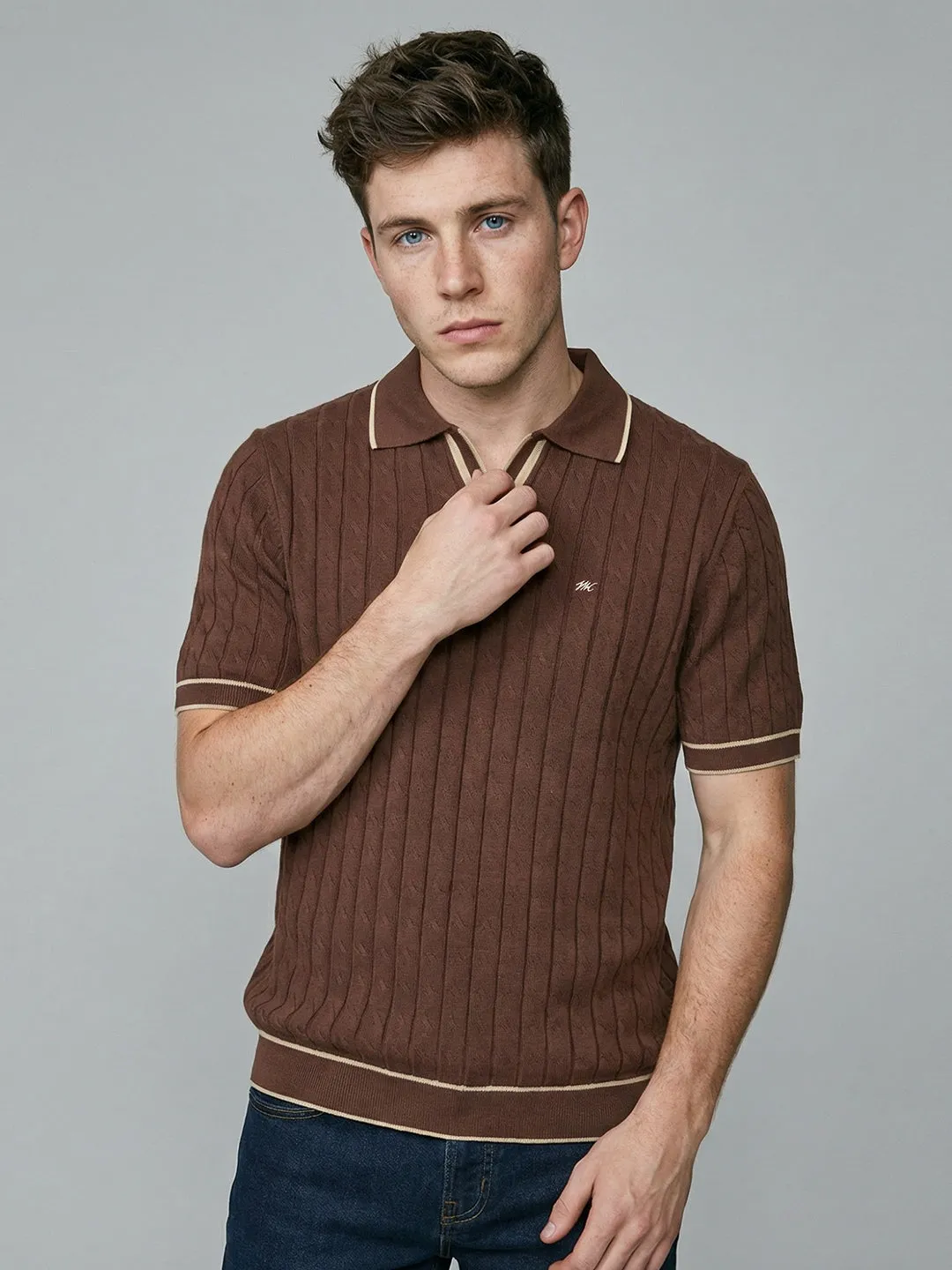 Men Brown Self Design Collar Half Sleeve T-Shirt sold by Monte Carlo product image thumbnail 3