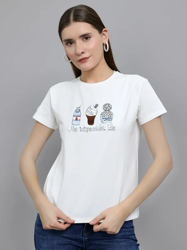 Women Off White Embroidered Round Neck Half Sleeve Top made by Monte Carlo