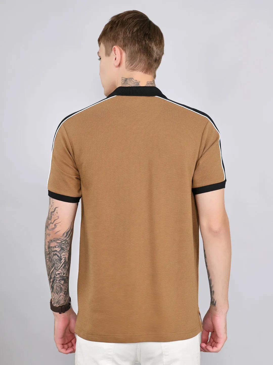 Rock.it Men Camel Brown Self Design Collar Half Sleeve T-Shirt sold by Monte Carlo product image thumbnail 4