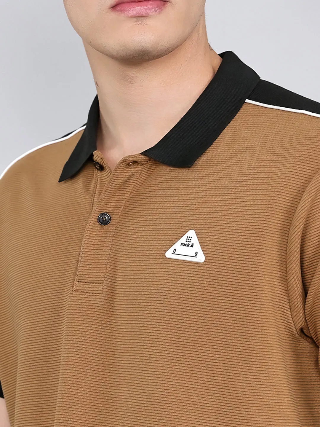 Rock.it Men Camel Brown Self Design Collar Half Sleeve T-Shirt sold by Monte Carlo product image thumbnail 5