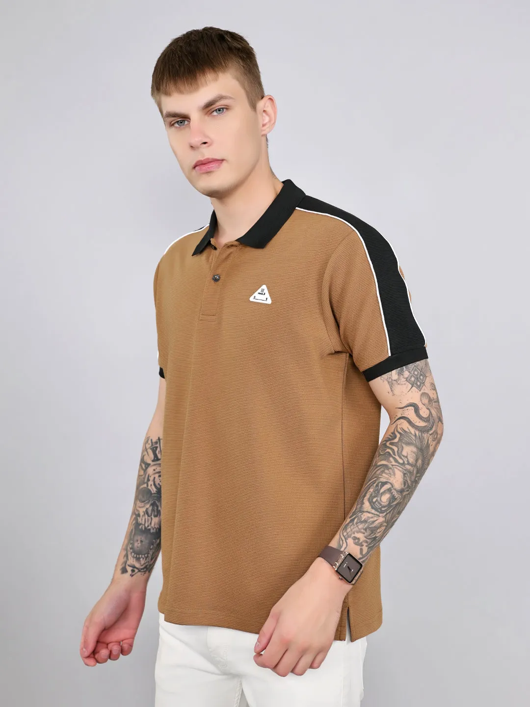 Rock.it Men Camel Brown Self Design Collar Half Sleeve T-Shirt sold by Monte Carlo product image thumbnail 2