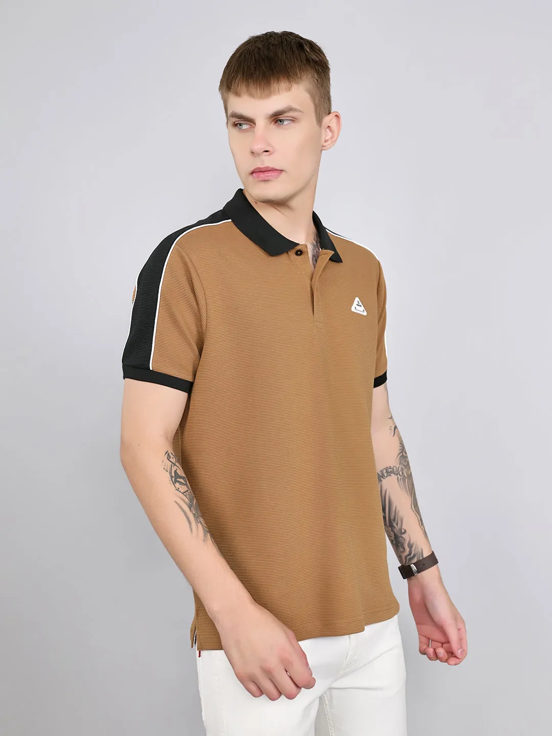 Rock.it Men Camel Brown Self Design Collar Half Sleeve T-Shirt sold by Monte Carlo product image thumbnail 3