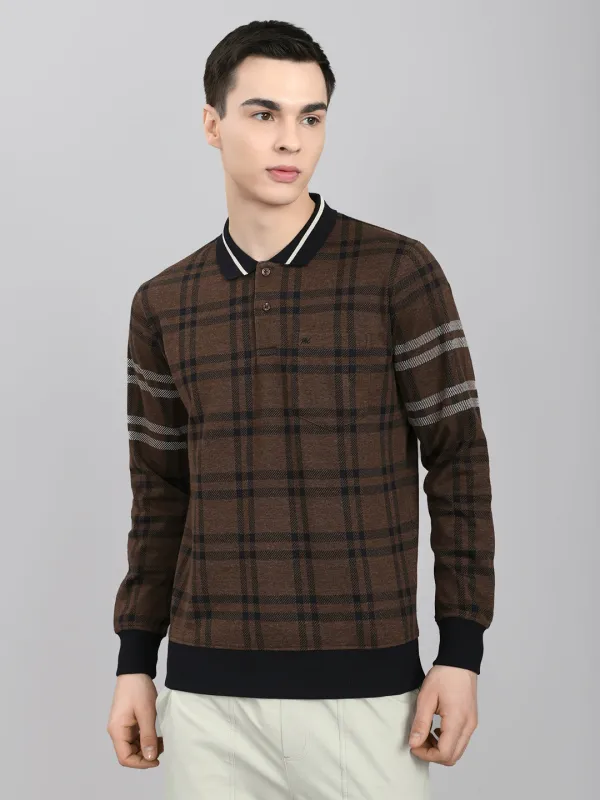Men Brown Stripe Collar Full Sleeve Winter T-Shirt made by Monte Carlo