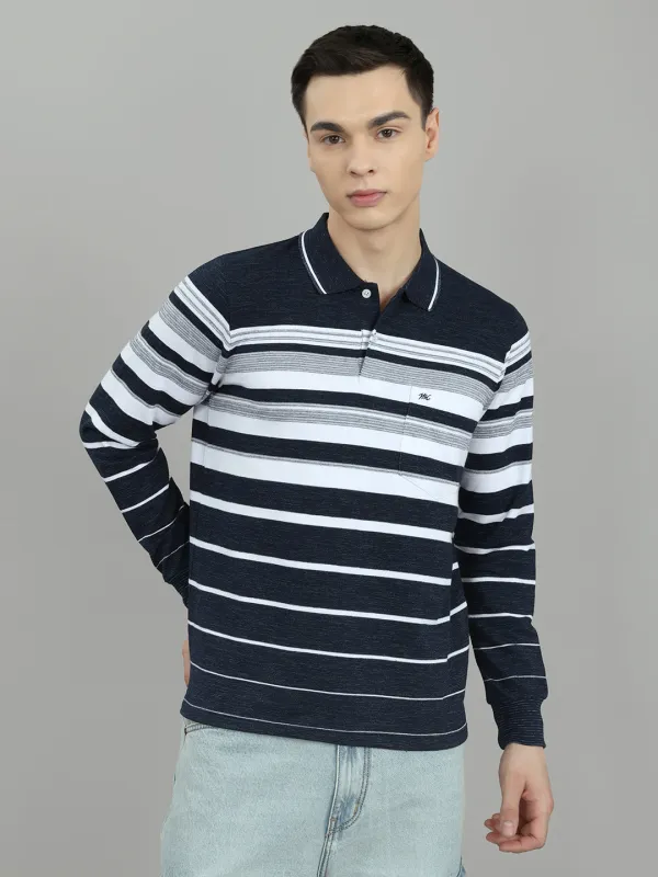 Men Navy Blue Stripe Collar Full Sleeve Winter T-Shirt made by Monte Carlo