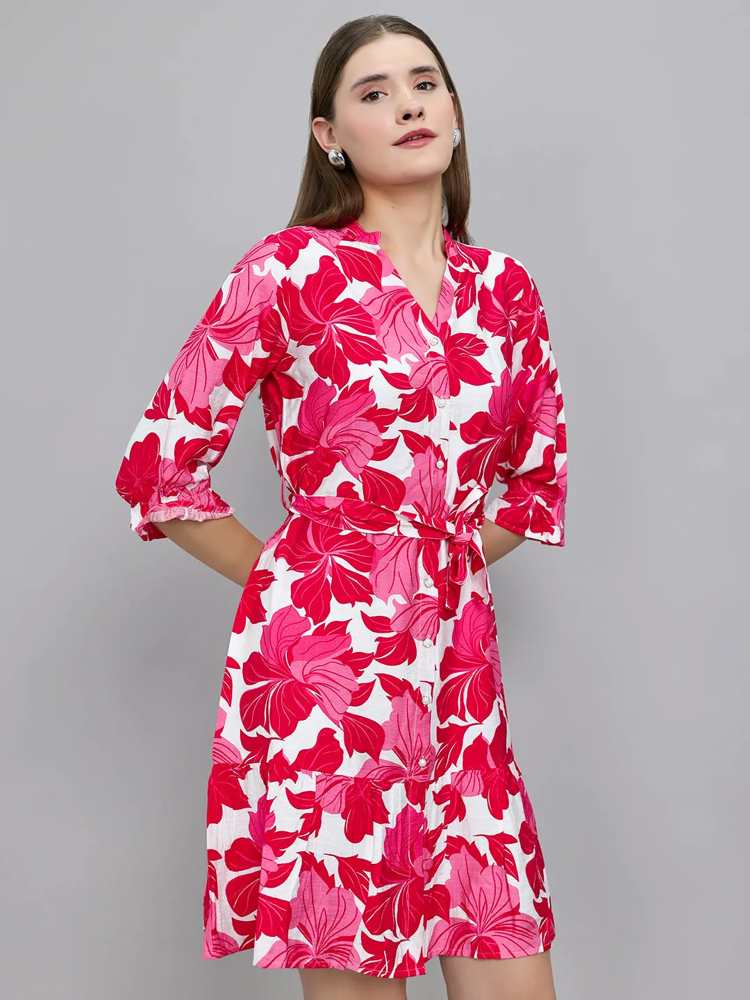 Women Magenta Floral Print Front Open Tunic sold by Monte Carlo product image thumbnail 3