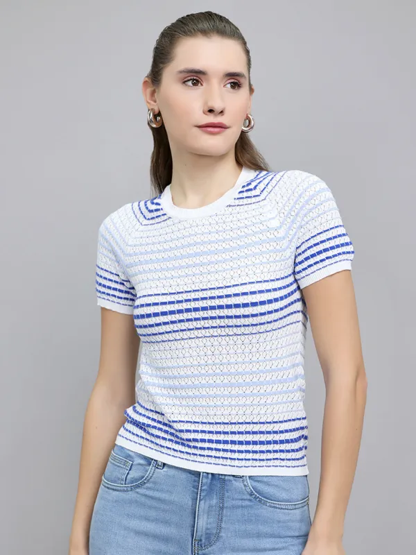 Women Off White Stripe Round Neck Half Sleeve Top made by Monte Carlo