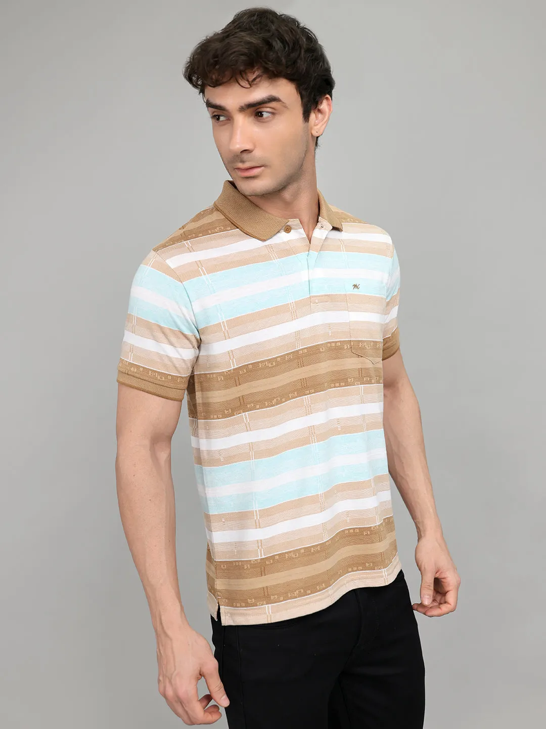 Men Brown Stripe Collar Half Sleeve T-Shirt sold by Monte Carlo product image thumbnail 3