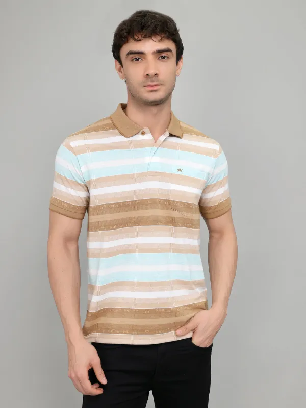 Men Brown Stripe Collar Half Sleeve T-Shirt made by Monte Carlo