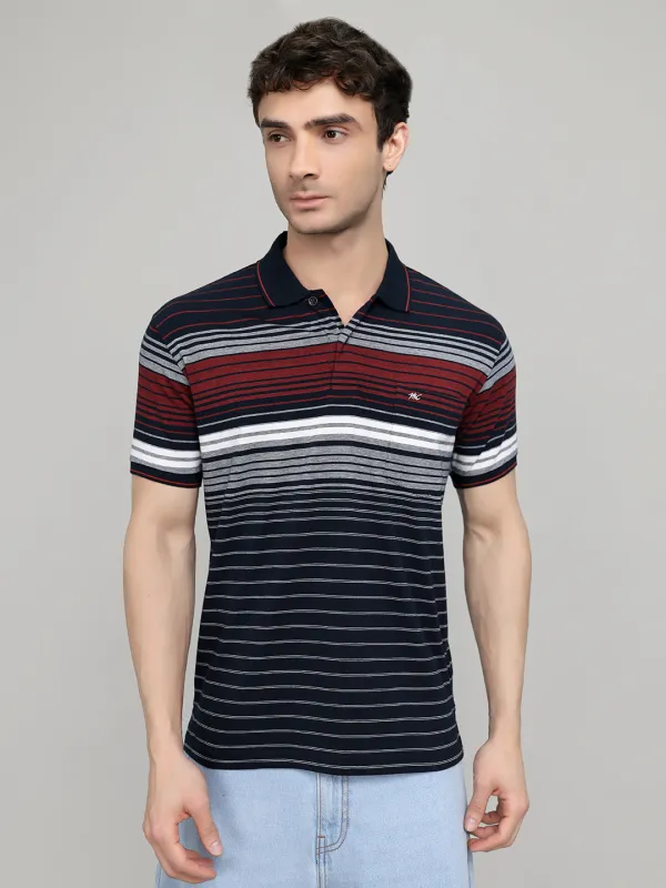 Men Navy Blue Stripe Collar Half Sleeve T-Shirt made by Monte Carlo