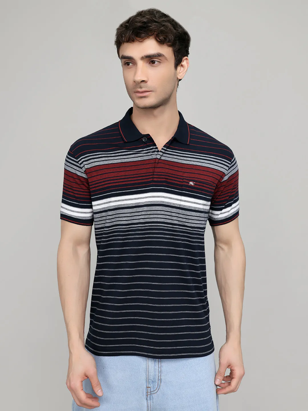 Men Navy Blue Stripe Collar Half Sleeve T-Shirt sold by Monte Carlo