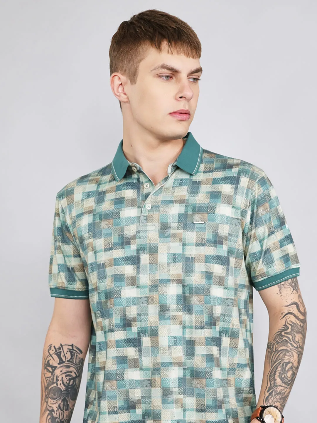 Men Green Colourblocked Collar Half Sleeve T-Shirt sold by Monte Carlo product image thumbnail 5