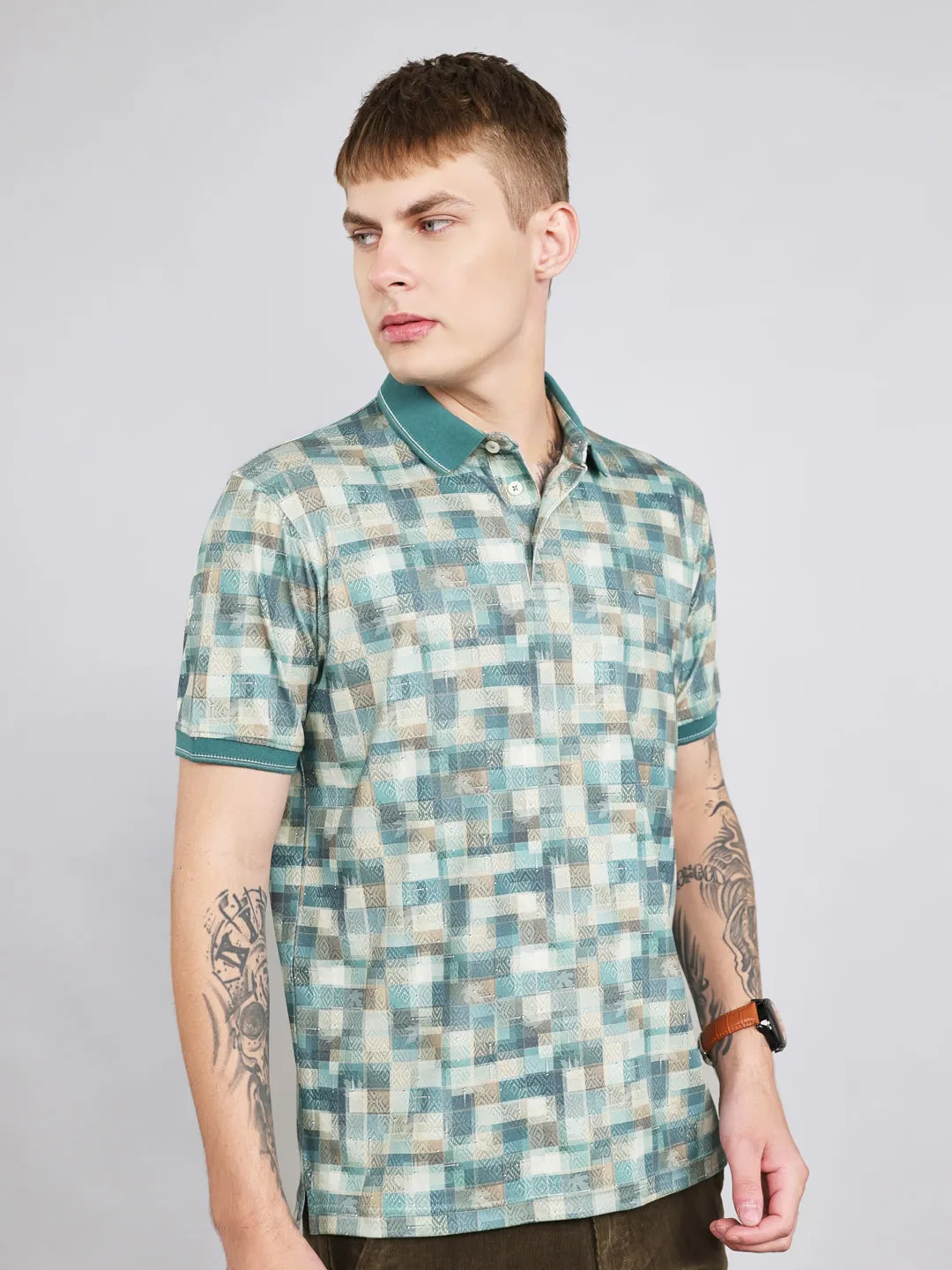 Men Green Colourblocked Collar Half Sleeve T-Shirt sold by Monte Carlo product image thumbnail 2