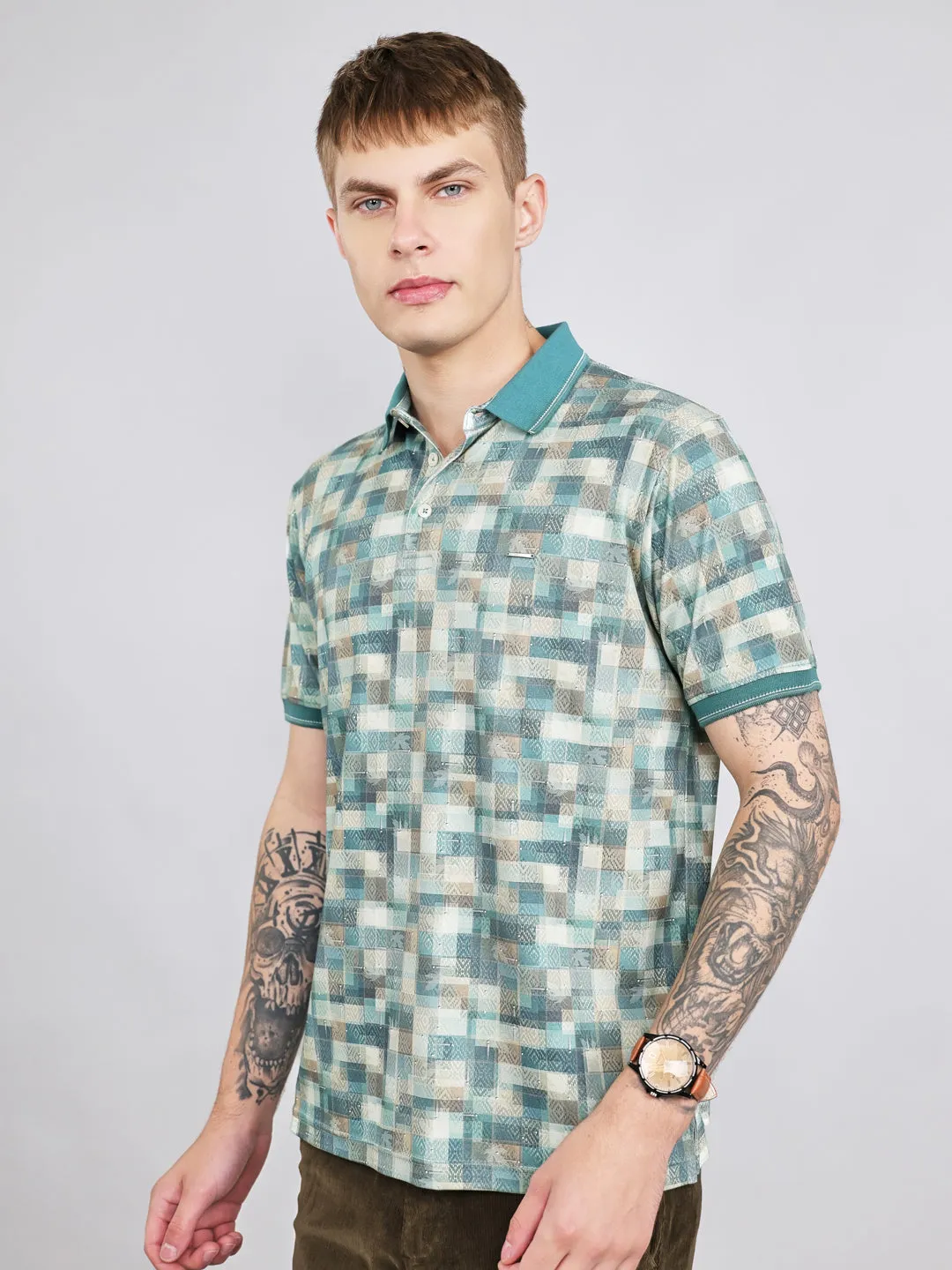 Men Green Colourblocked Collar Half Sleeve T-Shirt sold by Monte Carlo product image thumbnail 3