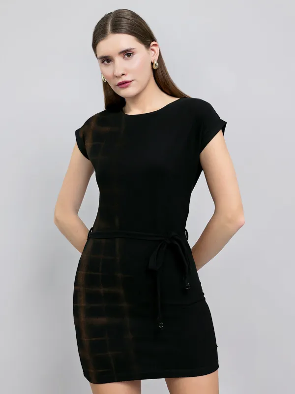 Women Black Self Design Round Neck Half Sleeve Dress made by Monte Carlo