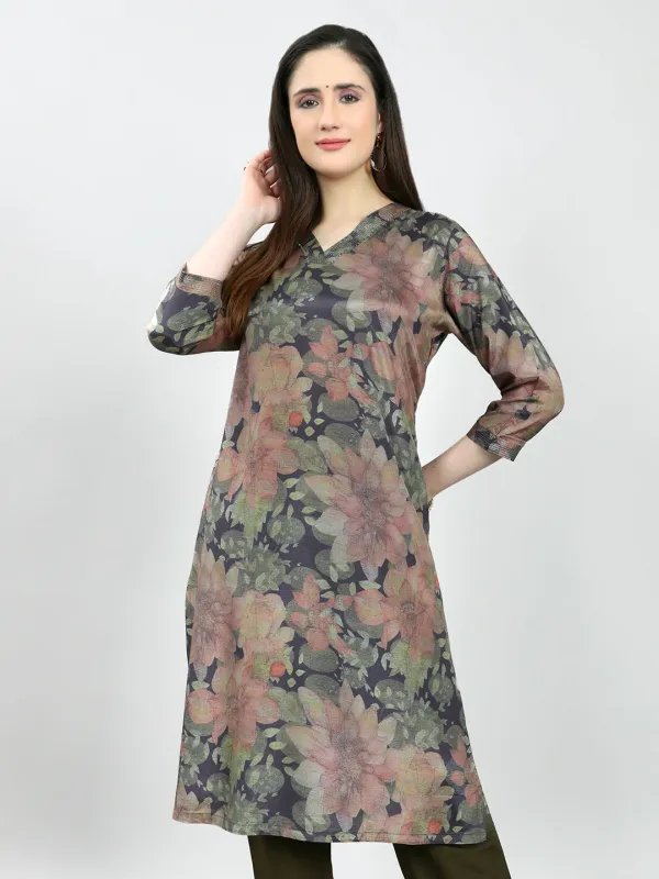 Women Olive Printed V Neck Kurti made by Monte Carlo