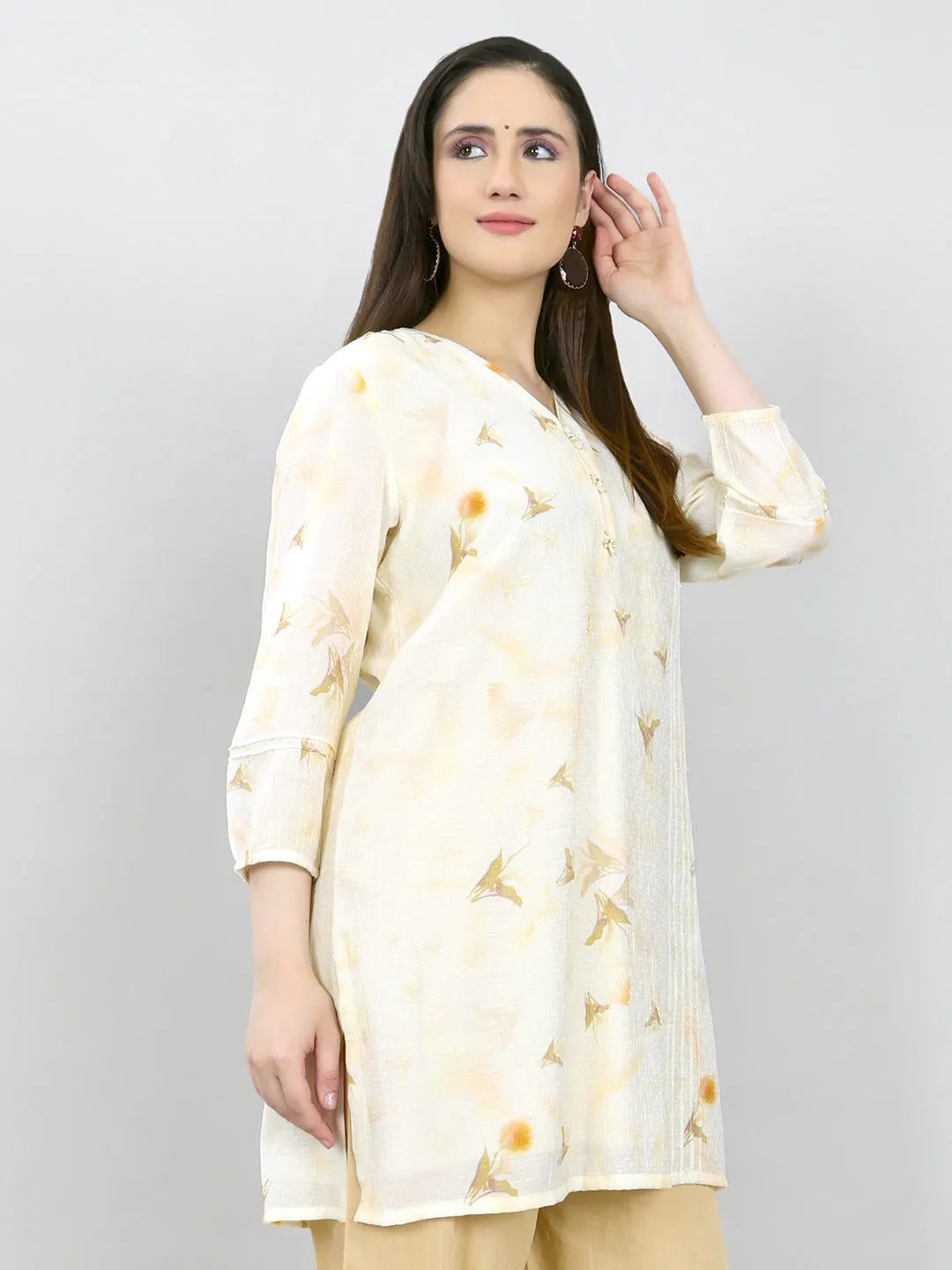 Women Cream Printed V Neck 3/4th Sleeve Kurti sold by Monte Carlo product image thumbnail 3