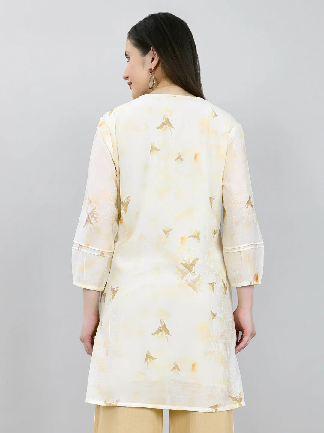 Women Cream Printed V Neck 3/4th Sleeve Kurti sold by Monte Carlo product image thumbnail 4