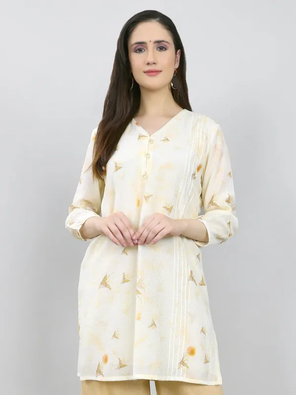 Women Cream Printed V Neck 3/4th Sleeve Kurti made by Monte Carlo