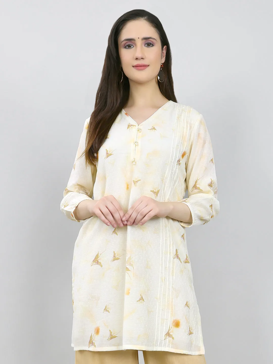 Women Cream Printed V Neck 3/4th Sleeve Kurti sold by Monte Carlo