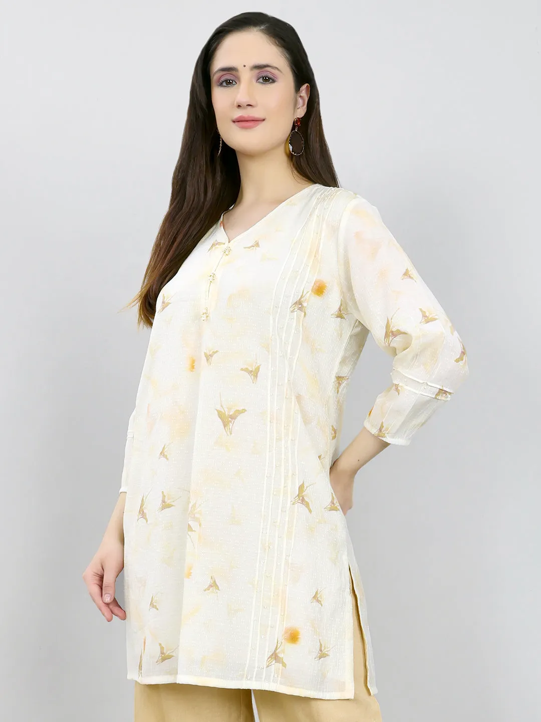 Women Cream Printed V Neck 3/4th Sleeve Kurti sold by Monte Carlo product image thumbnail 2