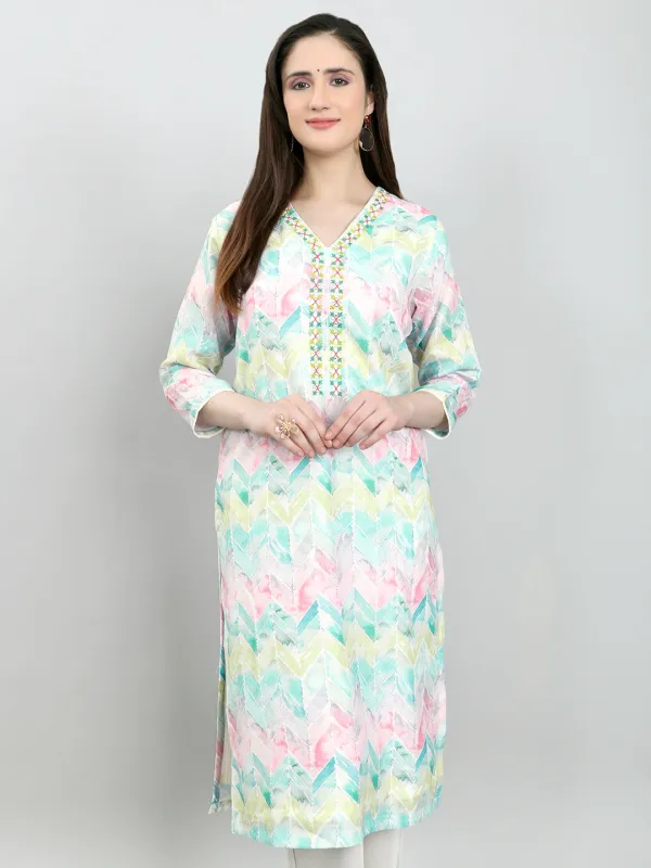 Women Multicolor Printed V Neck 3/4th Sleeve Kurti made by Monte Carlo