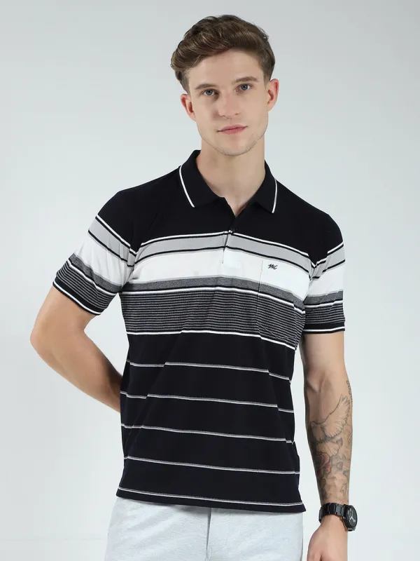 Men Navy Blue Stripe Collar Half Sleeve T-Shirt made by Monte Carlo