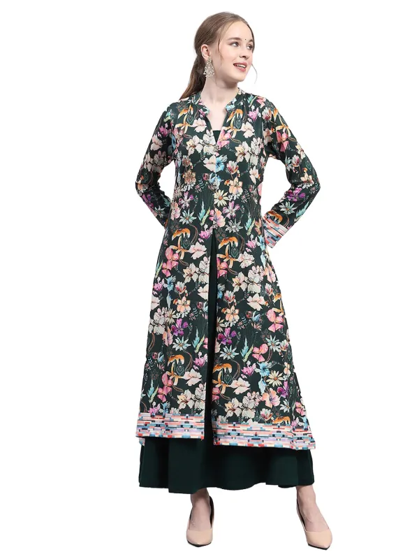 Women Green Designer V Neck Full Sleeve Kurtis Set for Winter made by Monte Carlo